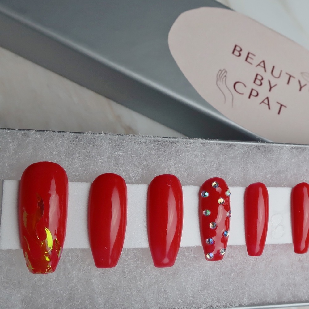 FLAME RED READY TO SHIP GEM LUXURY PRESS ON NAILS